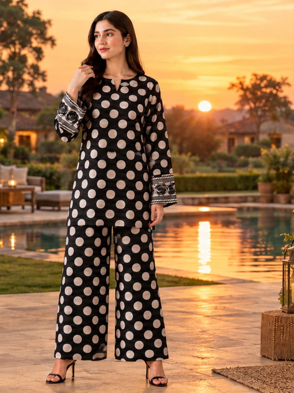 6 Black Polka Dot Unstitched 2PC - Image 1